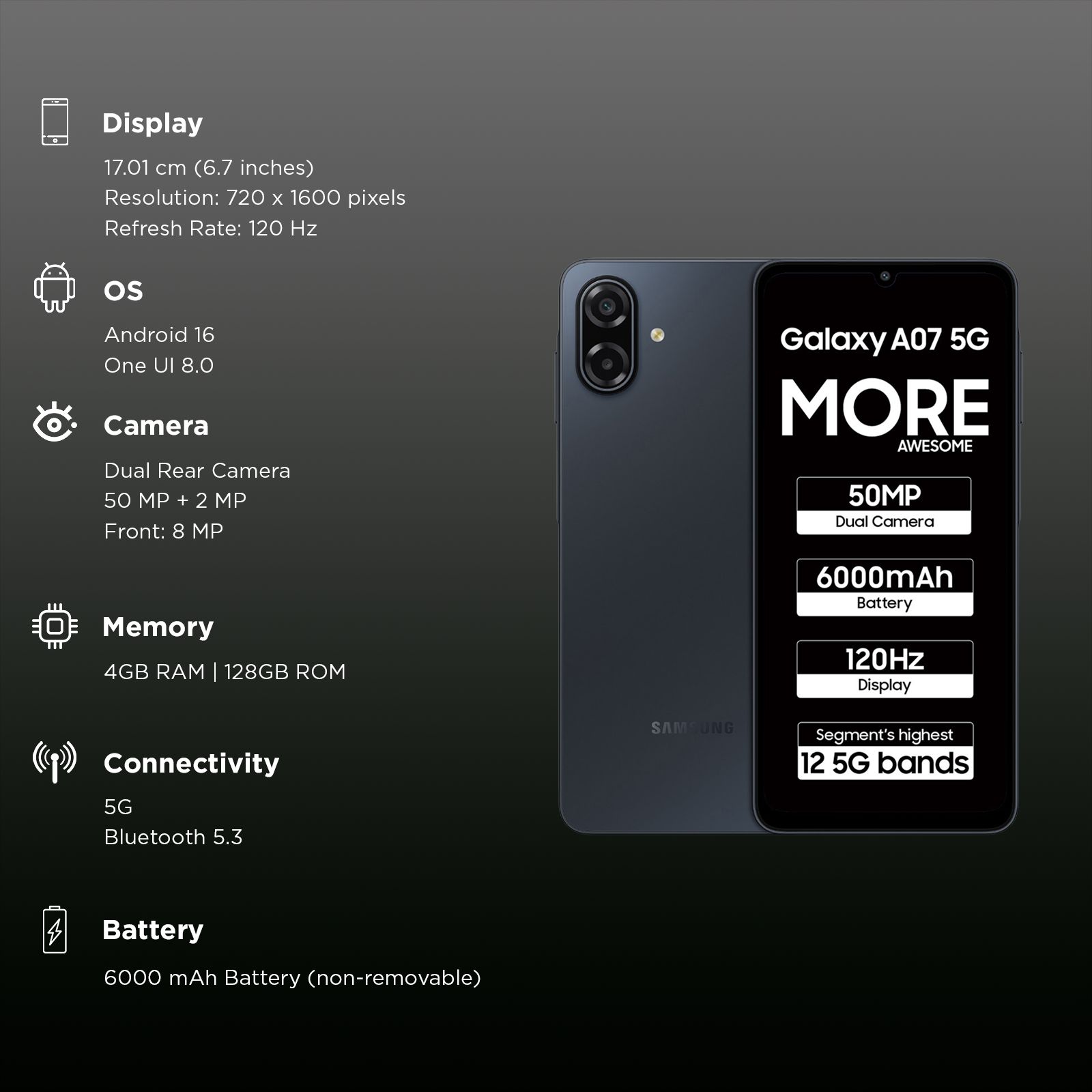 Buy SAMSUNG Galaxy A07 5G (4GB RAM, 128GB, Black) Online - Croma